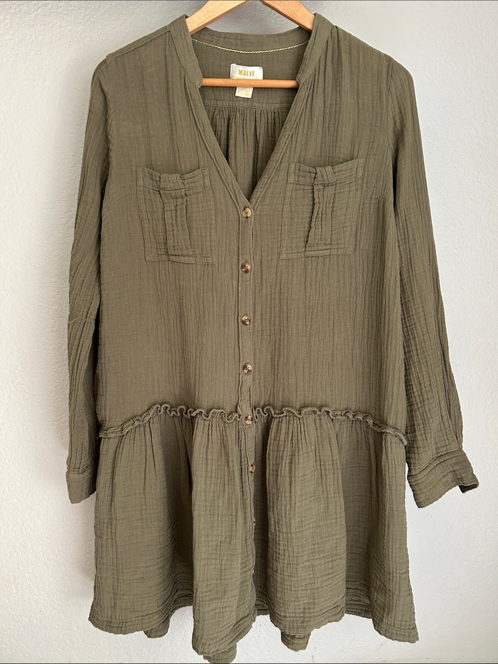 Maeve by Anthropologie Cotton Collarless Longsleeve Tunic Dress Olive Size 6